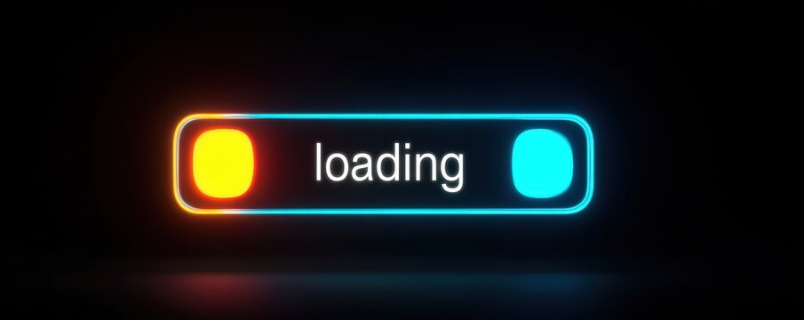 Neon loading bar with glowing blue and orange edges and the word loading displayed