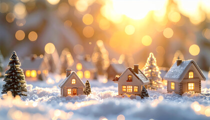 Miniature Christmas village shines, snow-covered houses glowing warmly with gentle, festive light
