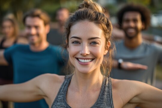 Smiling woman leads a diverse group stretching outdoors with friends during a workout
