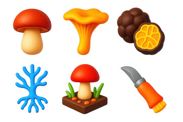 3D Edible Fungi Icons. 3D icon set of edible fungi: porcini mushroom, chanterelle, truffle, mycelium root, forest floor, mushroom