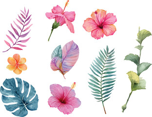 watercolor set of pink flower and green leaves