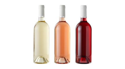 Three types of wine bottles isolated on a transparent background