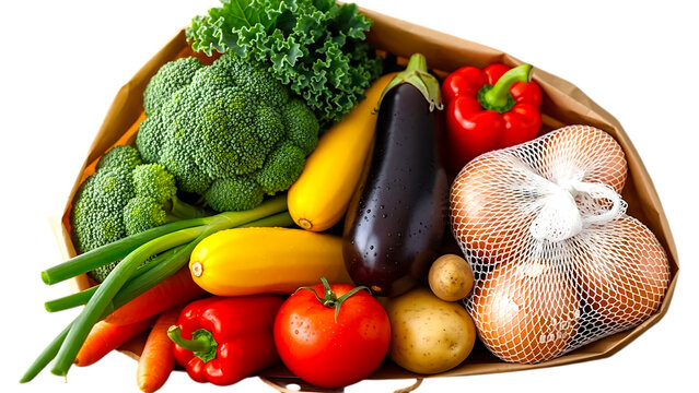 Healthy fresh organic vegetables in a brown paper grocery bag.