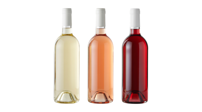Three types of wine bottles isolated on a transparent background