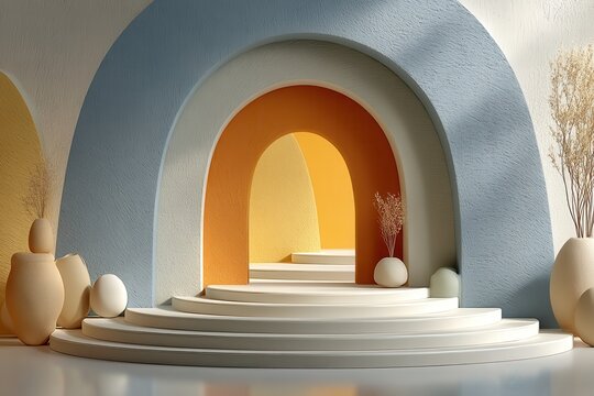 Minimalist podium display with soft pastel arches, warm glow, and geometric stage design - Powered by Adobe
