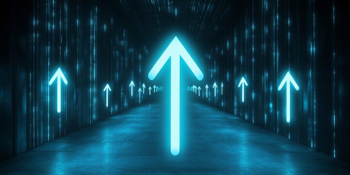 Avenue Leads to a Brightly Lit Deep Space Tunnel, Guiding the Way with Directional Arrows and Signs