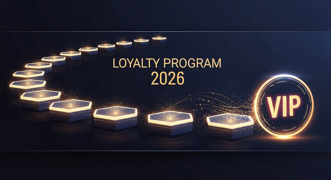 Digital art shows hexagon pedestal path, leading to glowing VIP logo, symbolizing achievement and exclusivity in a loyalty program, modern design concept