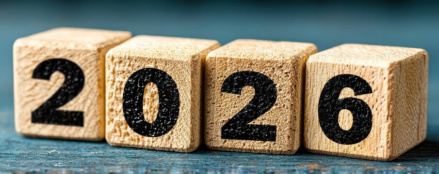 Year 2026 represented by wooden blocks with bold numbers for a fresh start