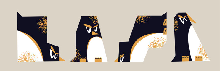 Set of abstract geometric stylized penguin characters isolated on background. Funny sad birds, winter wildlife, annoyed faces concept. Vector flat illustration