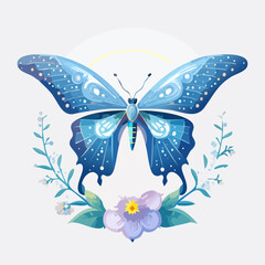 Blue Butterfly with Floral Wreath Illustration.