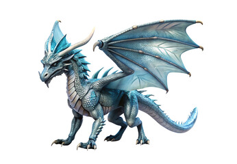 Naklejka premium Blue ice dragon, detailed scales, membranous wings, fantasy creature design, isolated on a transparent background