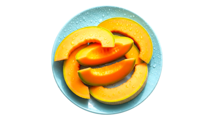 Bright orange cantaloupe slices on blue plate with water drops
