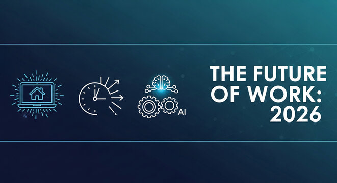 Digital icons representing remote work, time management, and artificial intelligence over a dark blue gradient, showcasing future of work concept