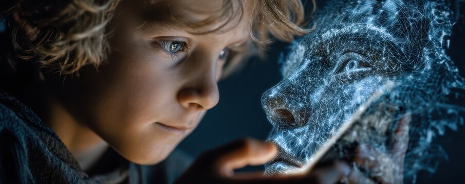 Young boy gazes at a smartphone with a floating AI face hologram in a dark tech ambience
