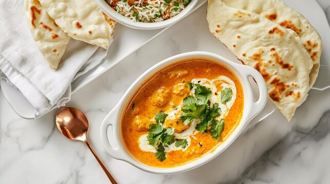 butter chicken curry served in a white dish, garnished with fresh cilantro and drizzled with cream