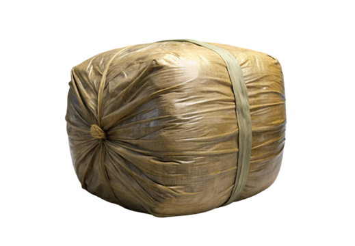 Wrapped package bound with natural fiber strands in golden-brown tones, isolated on a transparent background