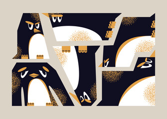 Set of abstract geometric stylized penguin characters isolated on background. Funny sad birds, winter wildlife, annoyed faces concept. Vector flat illustration