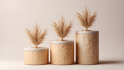Three decorative vases with dried pampas grass on pedestals