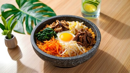 Delicious korean bibimbap served in a stone bowl with fresh vegetables and egg