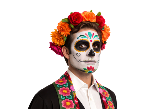 Person wearing traditional Day of the Dead makeup with vibrant floral crown, isolated on a transparent background