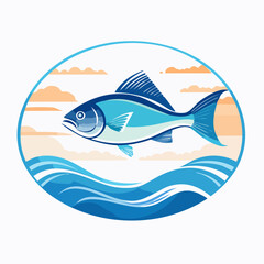 Obraz premium Blue Fish Swimming in Ocean Waves with Orange Sky.