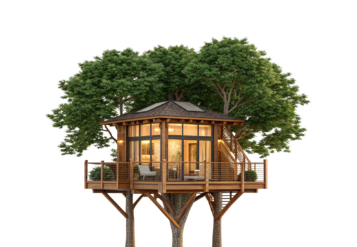 Elevated treehouse structure with modern windows surrounded by dense green foliage, isolated on a transparent background