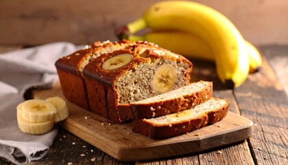 Banana bread, sliced, atop a wooden cutting board next to ripe bananas on a rustic, wooden background