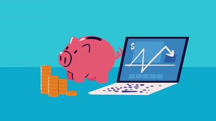 Cartoon piggy bank with coins and laptop showing a decreasing chart. Flat graphic animated cartoon - Powered by Adobe