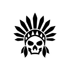 Skull wearing a native american headdress on transparent background silhouette