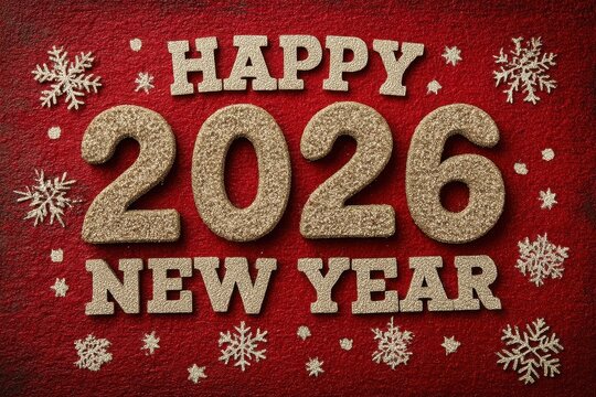 Happy 2026 New Year celebration with glittering gold letters and festive snowflakes on red background