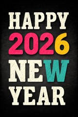 Fototapeta premium Happy 2026 New Year chalkboard style graphic with colorful numbers and bold typography