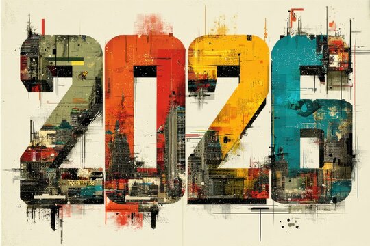 Abstract cityscape numbers 2026 in bold colors and grunge textures, urban art illustration