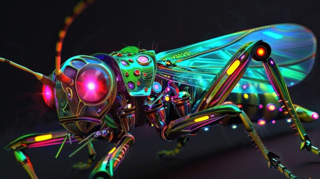 A Vibrant, Futuristic Insect with Luminous Features, Combining Technology and Nature in a Stunningly Colorful Display of Engineering and Artistry