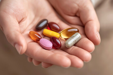 Close up of hands holding different flu medicines and vitamin pills on a white table