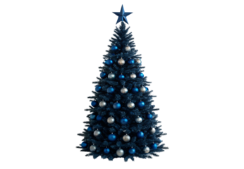 Navy blue Christmas tree with silver and blue baubles plus star, isolated on a transparent background