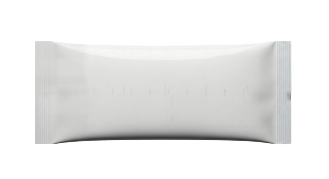 Blank white flow pack wrapper mockup for a chocolate or protein snack bar. Isolated on transparent background, png