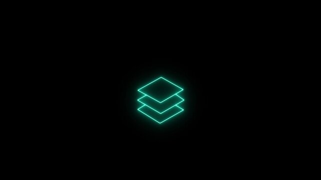 Neon glowing green icon representing stacked layers or data structure in a digital abstract design with a dark background, symbolizing organization, complexity, or technology concept