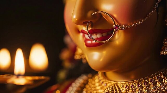 Goddess Lakshmi Idol Closeup Gold Jewelry Diya Light Spiritual India