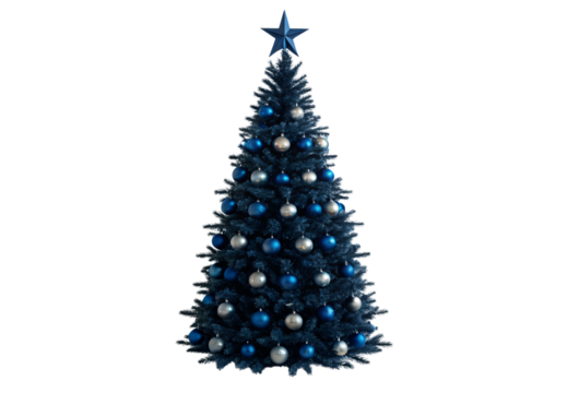 Navy blue Christmas tree with silver and blue baubles plus star, isolated on a transparent background
