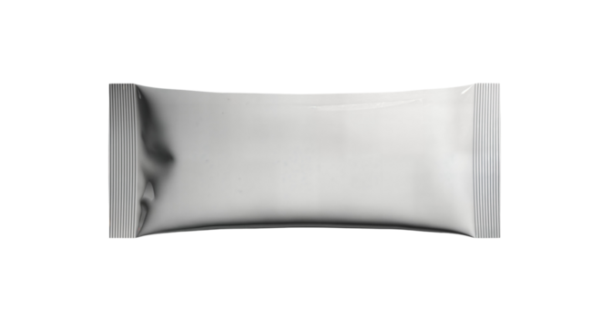 Blank white flow pack wrapper mockup for a chocolate or protein snack bar. Isolated on transparent background, png