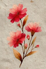 Deep Pink Watercolor Flowers on Vintage Textured Paper &ndash; Botanical Illustration with Hand-Painted Blossoms, Soft Petals and Elegant Natural Floral Artwork