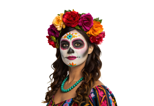 Woman in Day of the Dead makeup with colorful flower crown, isolated on a transparent background