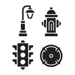 Urban street light and traffic control minimal vector icon set