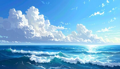 Bright ocean scene with white fluffy clouds under a light blue sky; digital painting evoking peace and serenity