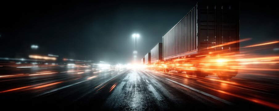 Dynamic shot of cargo trucks moving swiftly on a lit urban highway