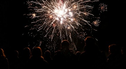 Spectacular night sky illuminated by dazzling fireworks display with silhouetted audience enjoying