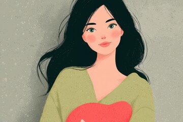 Illustration of a smiling woman holding a heart on a textured background