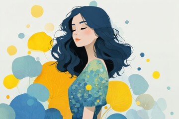Elegant vector illustration of a pensive woman with floral and vibrant visuals