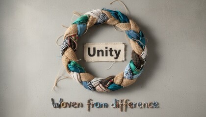 A handcrafted braided wreath made from diverse fabric scraps and burlap displaying the word Unity and the message Woven from difference
