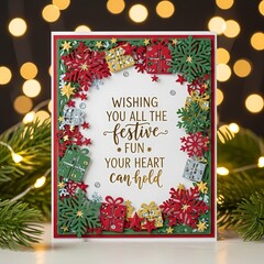 Festive Greeting Card: A vibrant, handcrafted greeting card radiates holiday cheer, presenting the message Wishing You All The Festive Fun Your Heart Can Hold, accompanied by detailed.